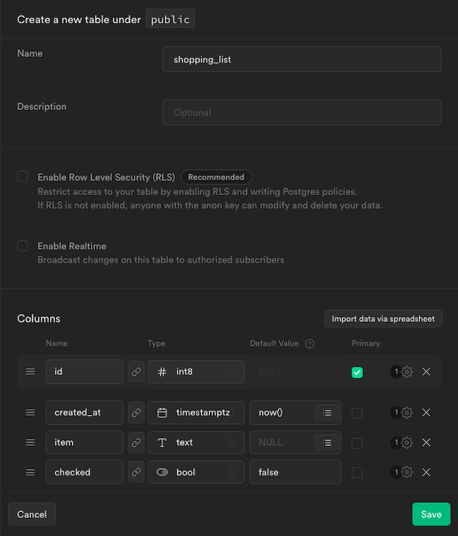 The Supabase form for creating a new table