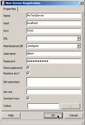 pgAdmin III new server details dialog