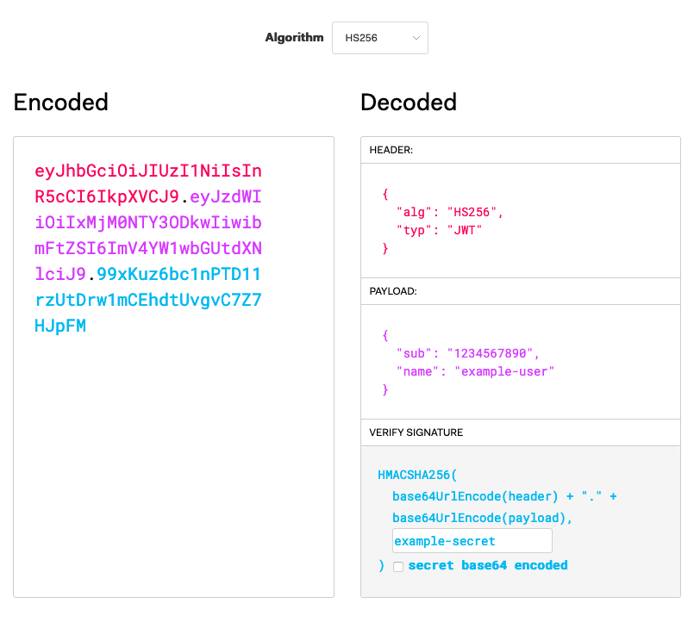 Encoding example on the JWT.IO debugger