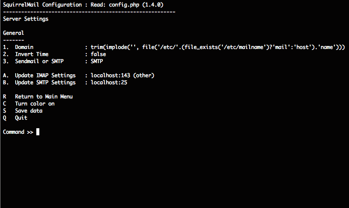 squirrelmail-config server settings menu .